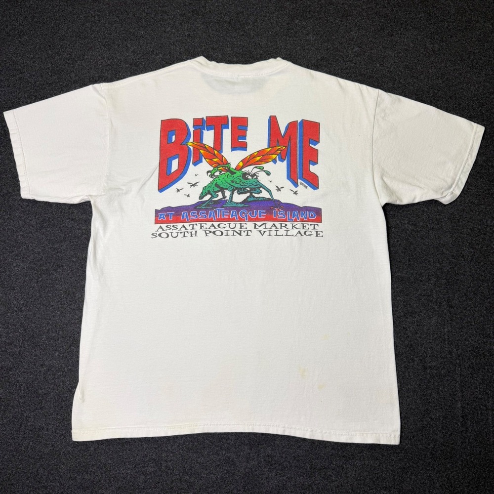 Vintage 90 Anvil T-Shirt Men XL White Bite Me Assateague Island Graphic Souvenir